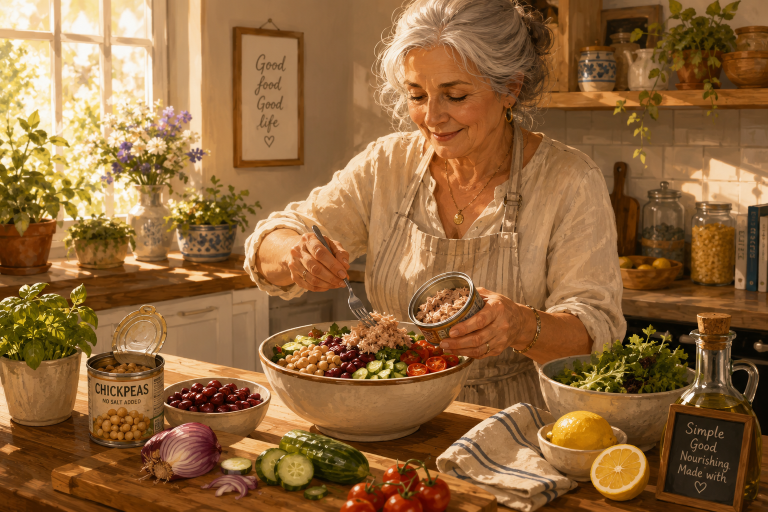 Senior woman making a no-cook meal at her kitchen counter." Media Library: no-cook-meals-hero