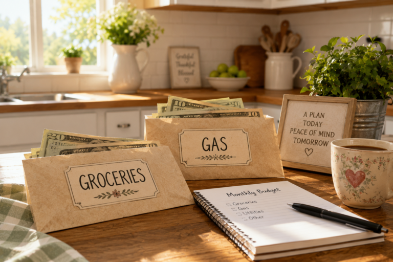 An envelope budgeting system laid out with labeled cash envelopes on a kitchen table