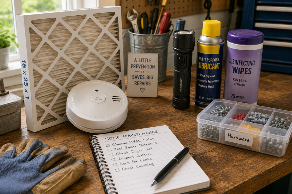 HVAC filter, smoke detector, flashlight, and simple household maintenance supplies neatly arranged on a workbench