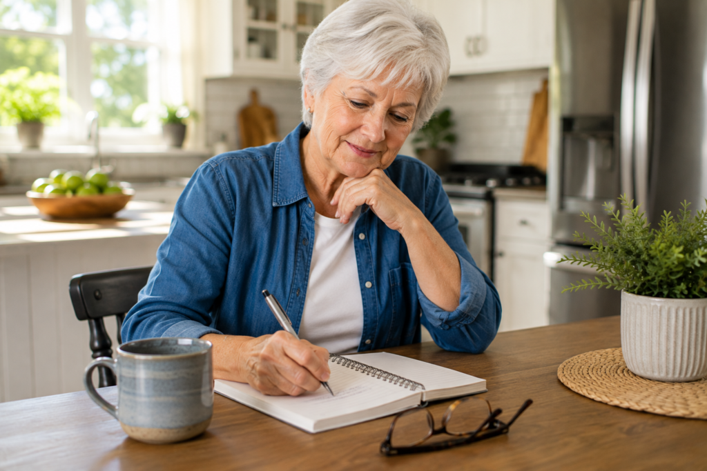 Older adult making a list of skills that could become extra income after retirement.