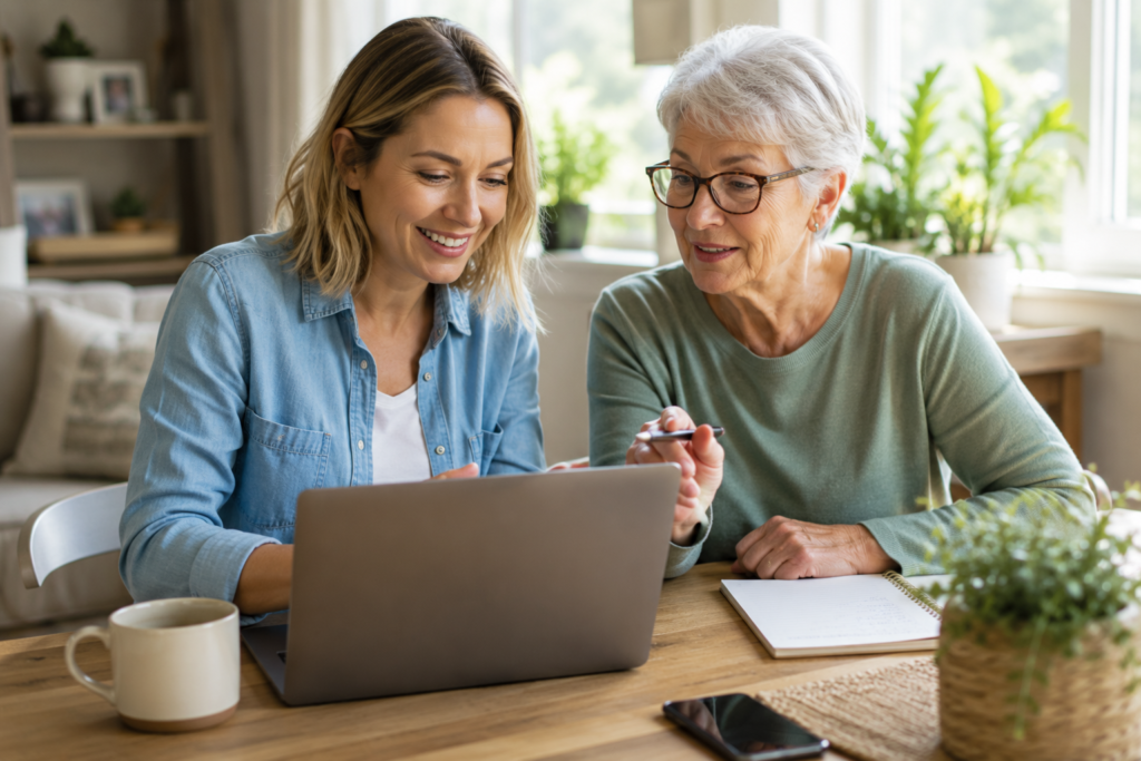 Older adult sharing practical knowledge and experience with a younger person.