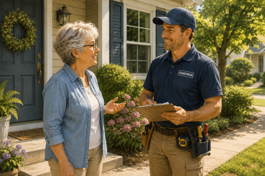 Older homeowner speaking with a friendly handyman outside a home, with the homeowner safely on the ground.