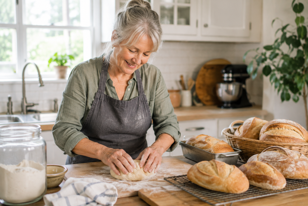Older woman baking bread at home as a possible skill-based side hustle