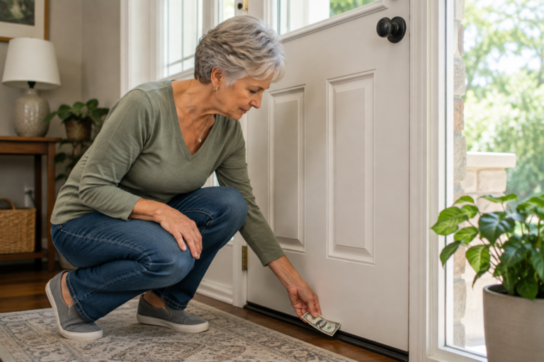 Older woman checking an exterior door for drafts as part of fall home maintenance
