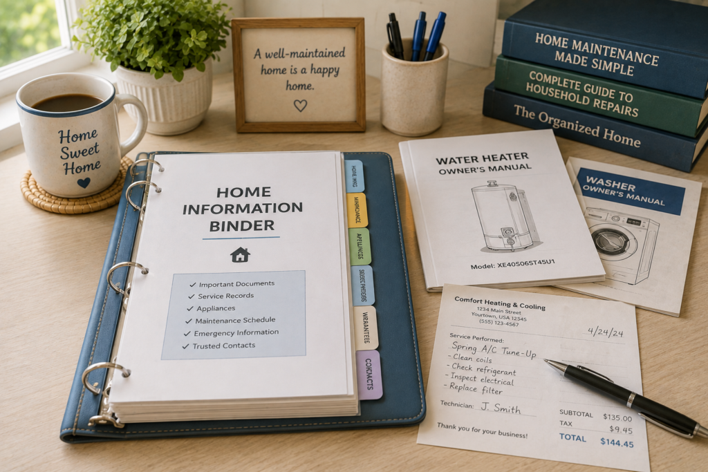 Organized binder, appliance manual, home service receipt, and pen on a clean desk.