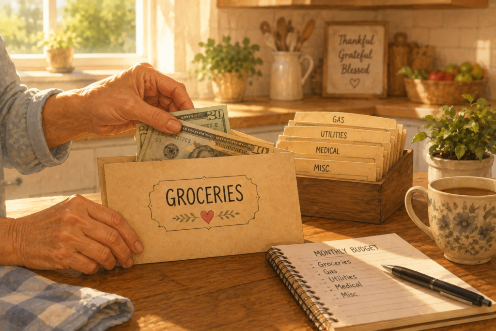 Placing cash into a labeled grocery envelope.
