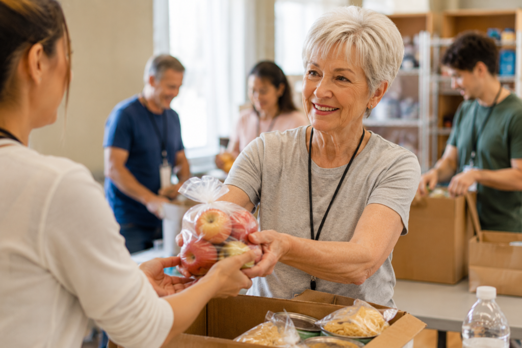 Retired woman finding purpose through a meaningful community activity.