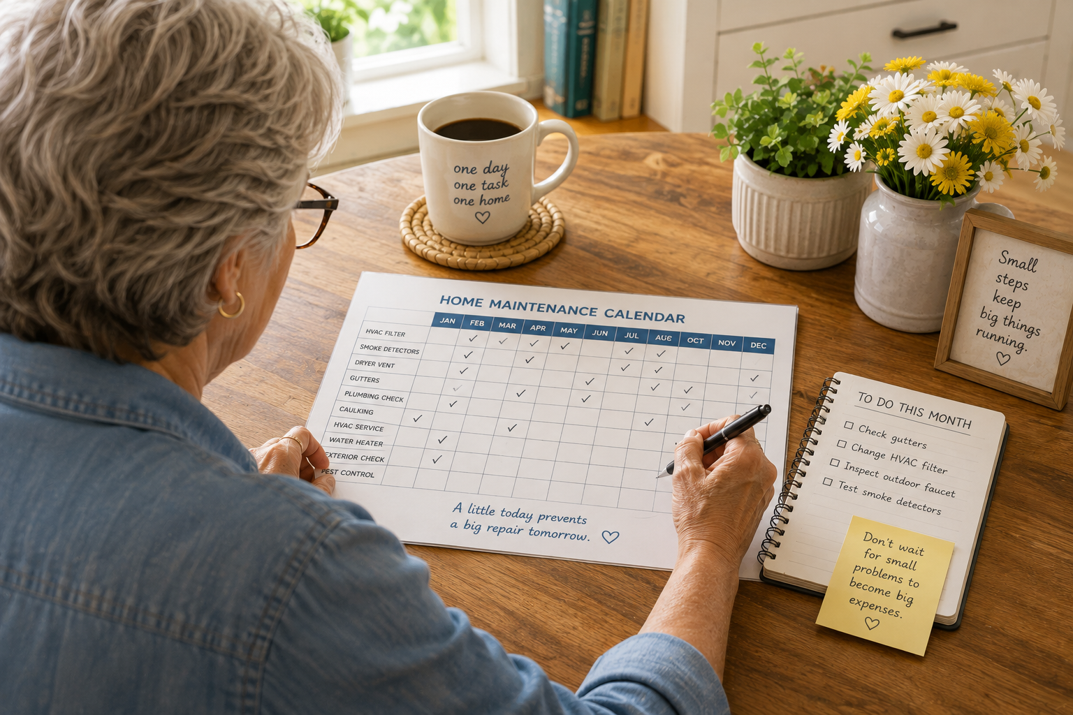Senior homeowner reviewing a monthly home maintenance calendar at her kitchen table.