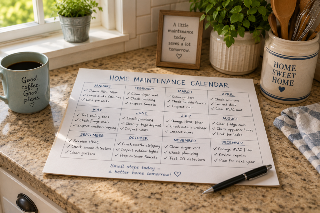 Simple paper home maintenance calendar on a kitchen counter with several monthly tasks checked off.