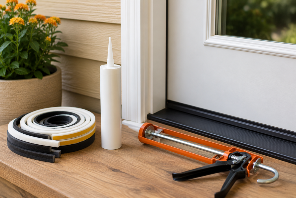 Weatherstripping and caulk used for simple air-sealing around doors and windows and are great fall home maintenance tips