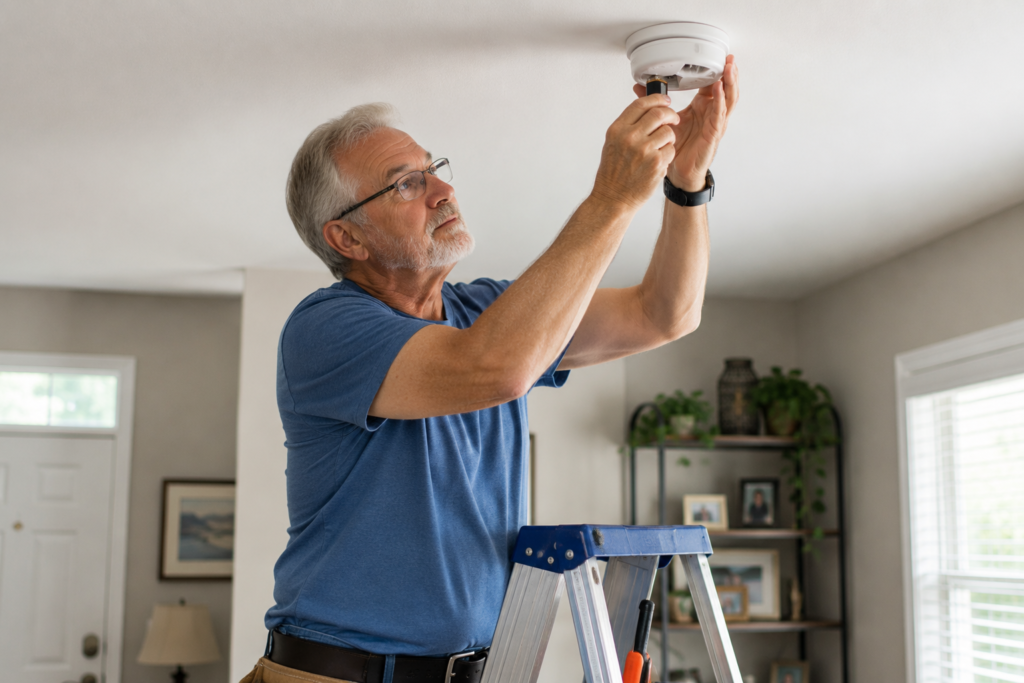 older man changing a lightbulb as a side hustle handyman
