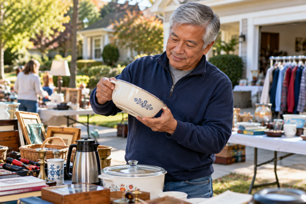 Older man checking an item for resale at a neighborhood yard sale