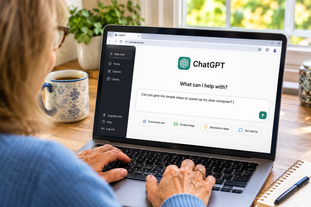 Older woman using ChatGPT for seniors to ask for simple help troubleshooting a slow computer.