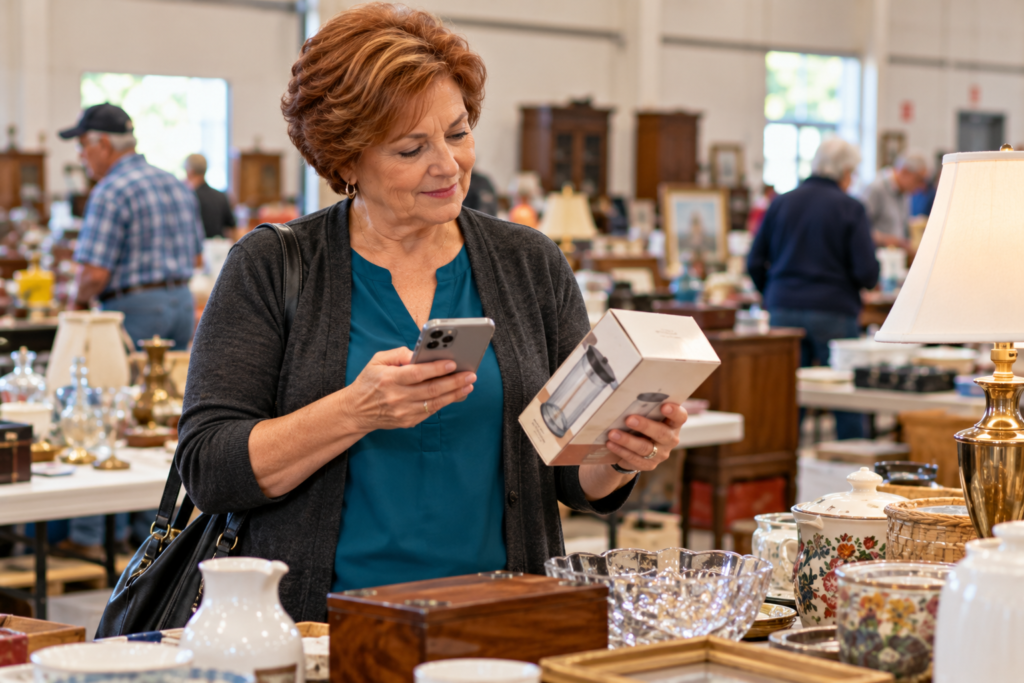 Senior reseller researching an item before bidding at a local auction