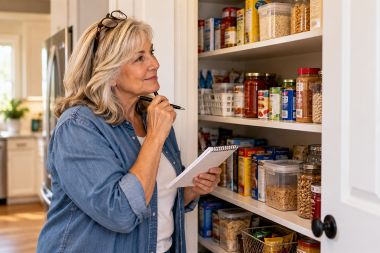 Senior woman checking her pantry before buying holiday groceries