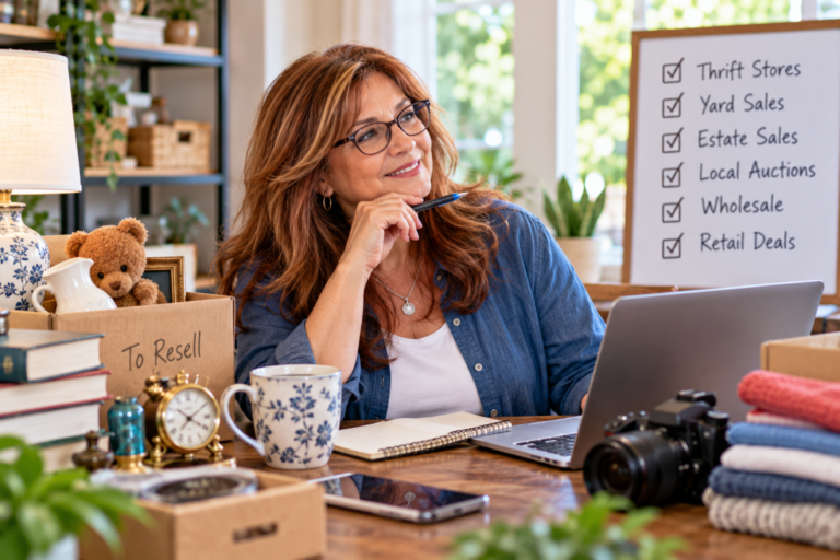 Senior woman planning where to find things to resell for extra income