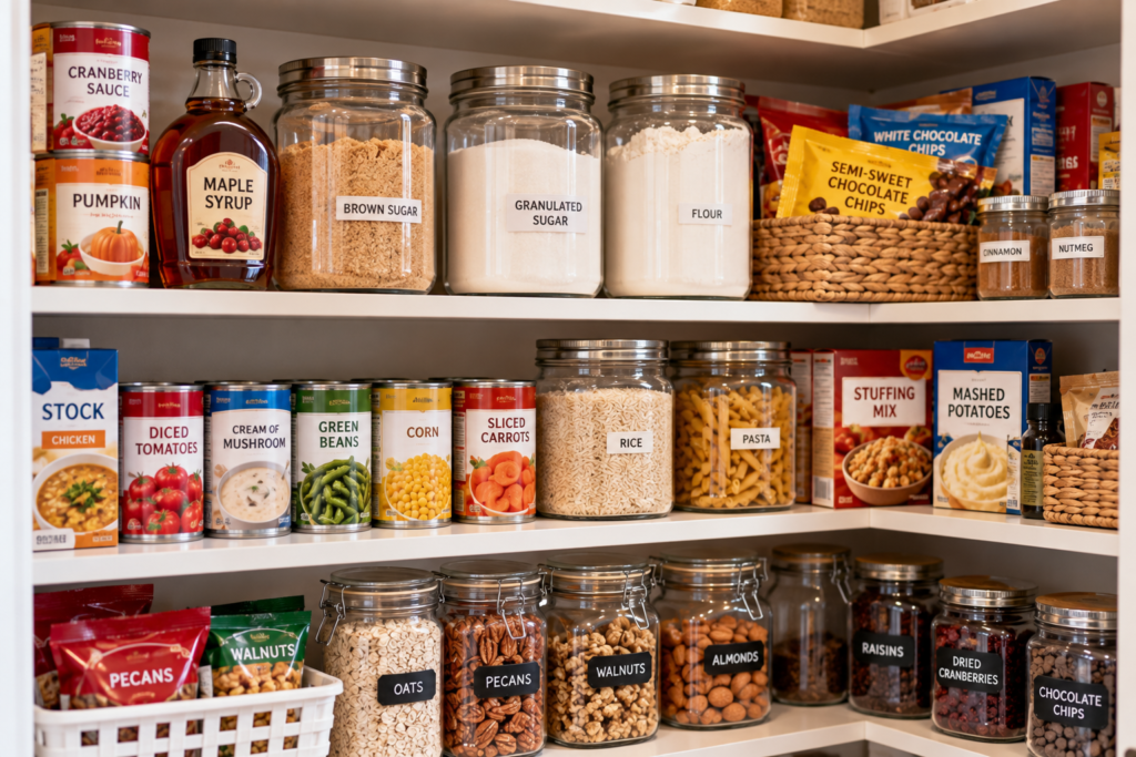 Shelf-stable holiday pantry ingredients bought ahead to save money