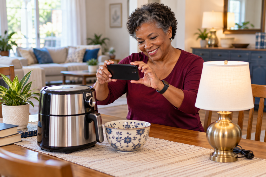 Woman learning where to find things to resell after selling household items