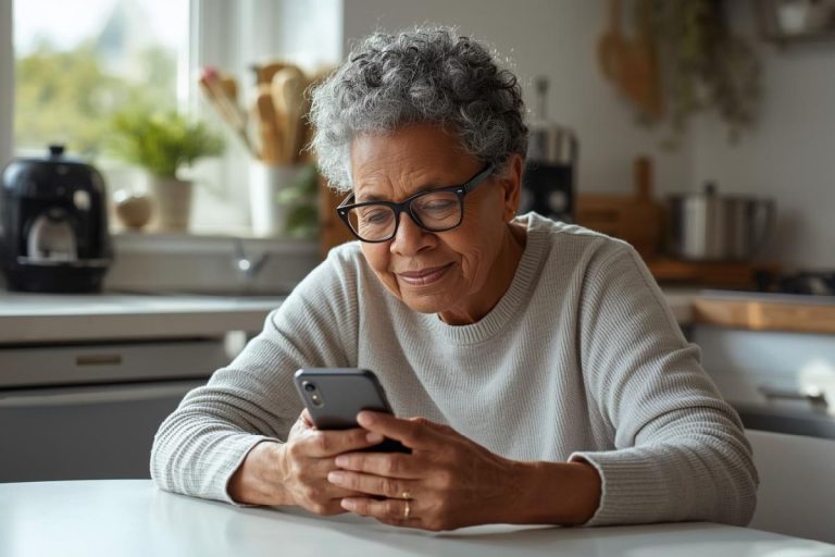 senior woman using free apps for boomers on her smartphone