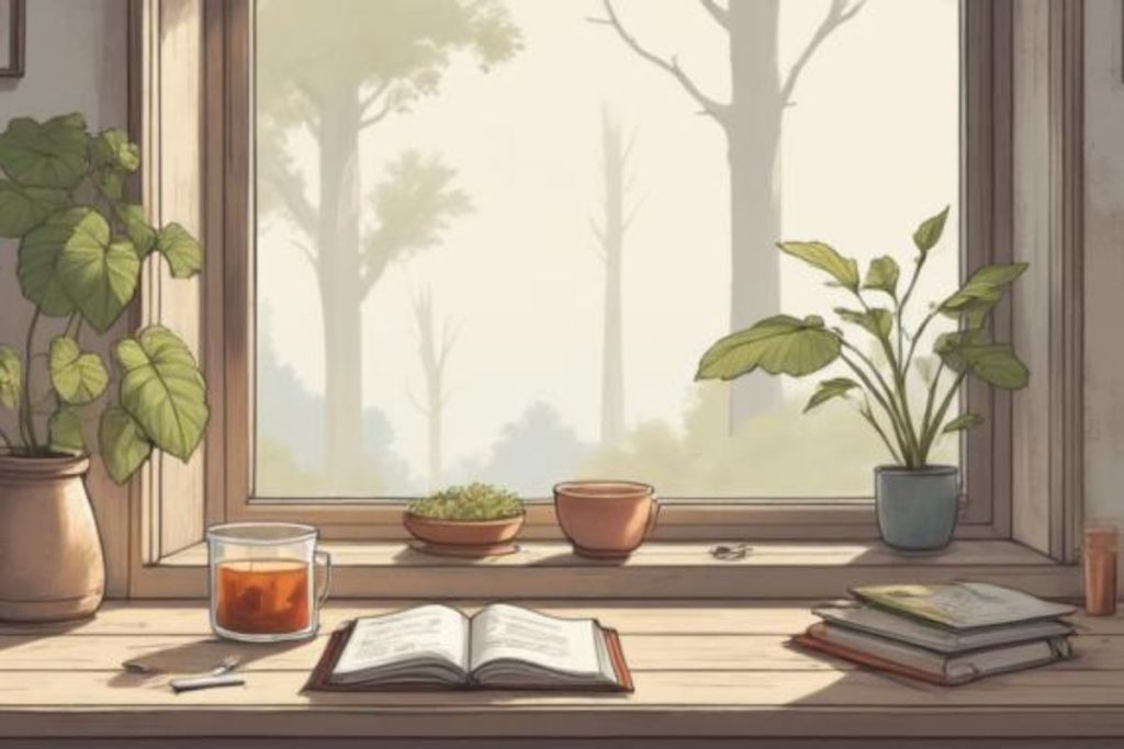 Calm home environment with journal and tea