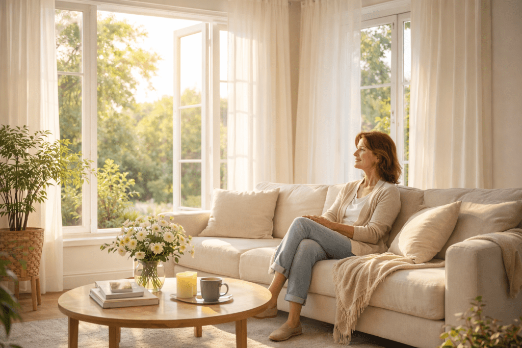 Sunlight-filled living room symbolizing clarity and peace