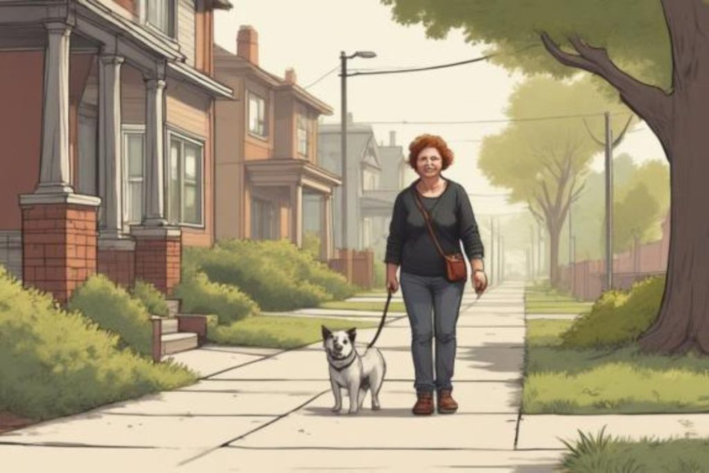 senior woman walking her dog