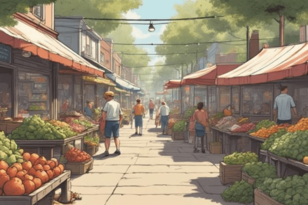 Community farmers market with colorful spring produce. free things to do in spring