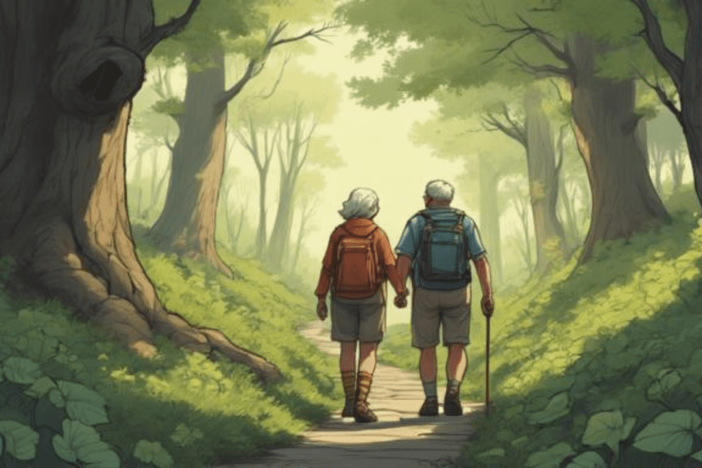 Senior man and woman walking on a nature trail in spring. free things to do in spring