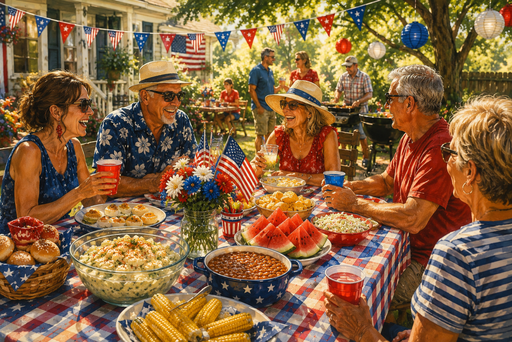 A casual potluck gathering for a July 4th celebration outdoors
