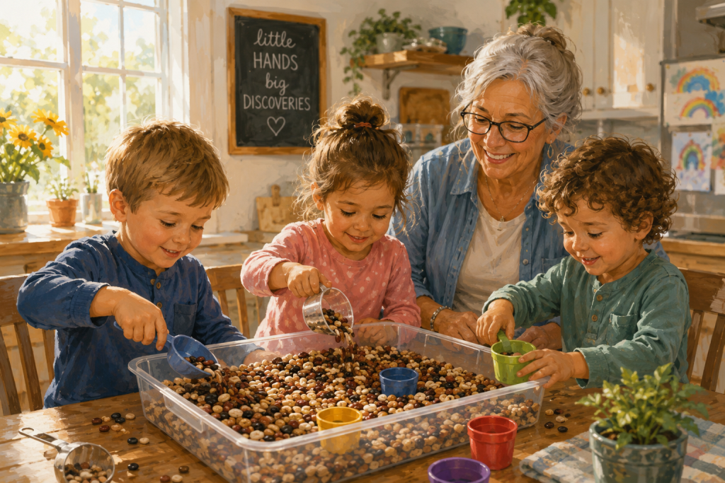 Young children playing with a sensory activity bin at a kitchen table with their grandmother