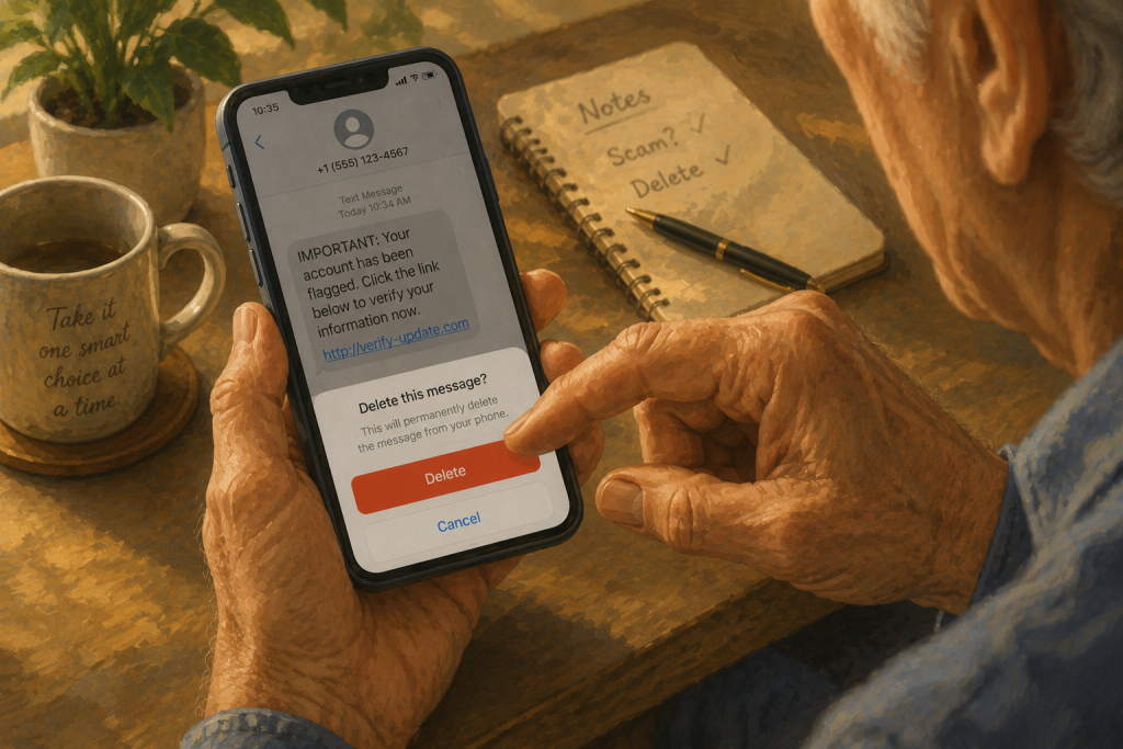 Senior deleting a suspicious text message instead of clicking it